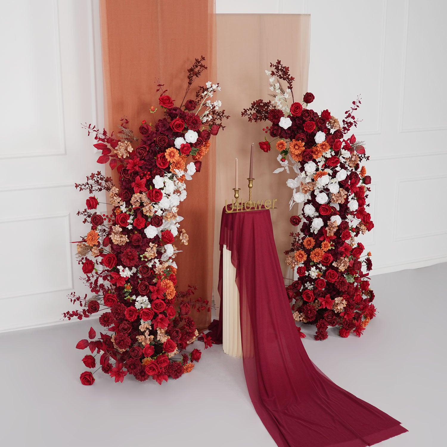 Uflower Autumn Red Rose Floral Arrangement Horn Arch Wedding Backdrop Decor